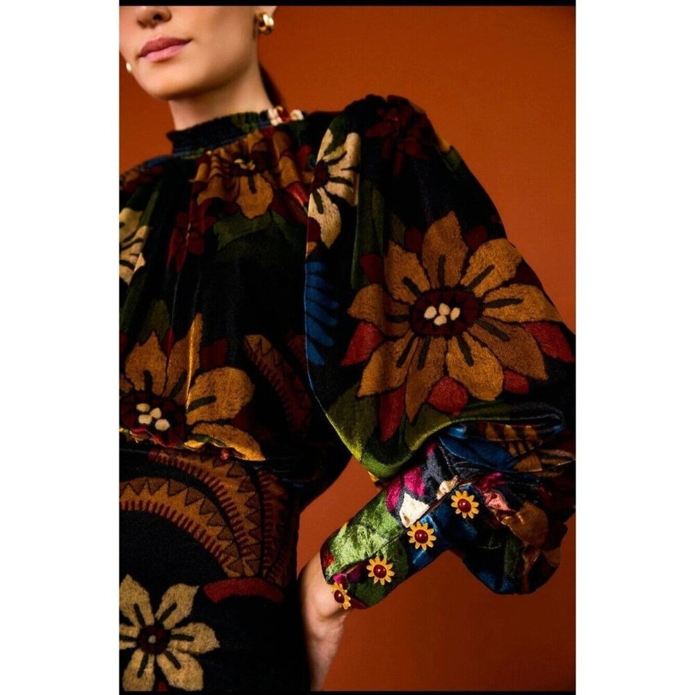 FARM Rio Macaw Ballet Velvet Mini Dress S Long Sleeve Party Floral High Neck - Picture 14 of 15